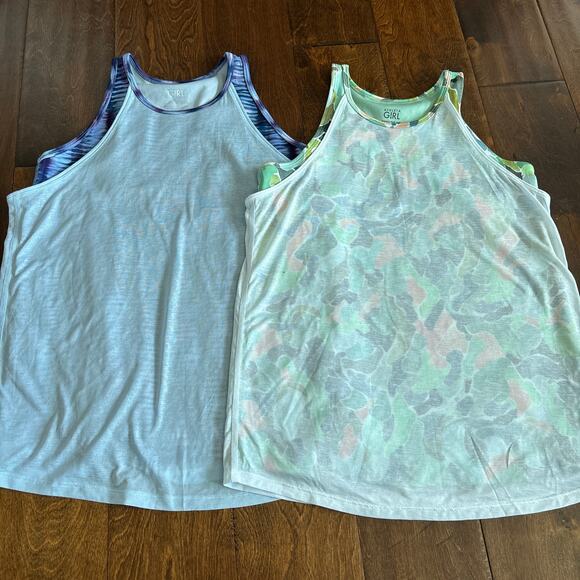 Athleta Girl Perfect Pair Athletic Tank Top Blue Green Printed Sz XL/14 Set of 2 - Picture 3 of 12